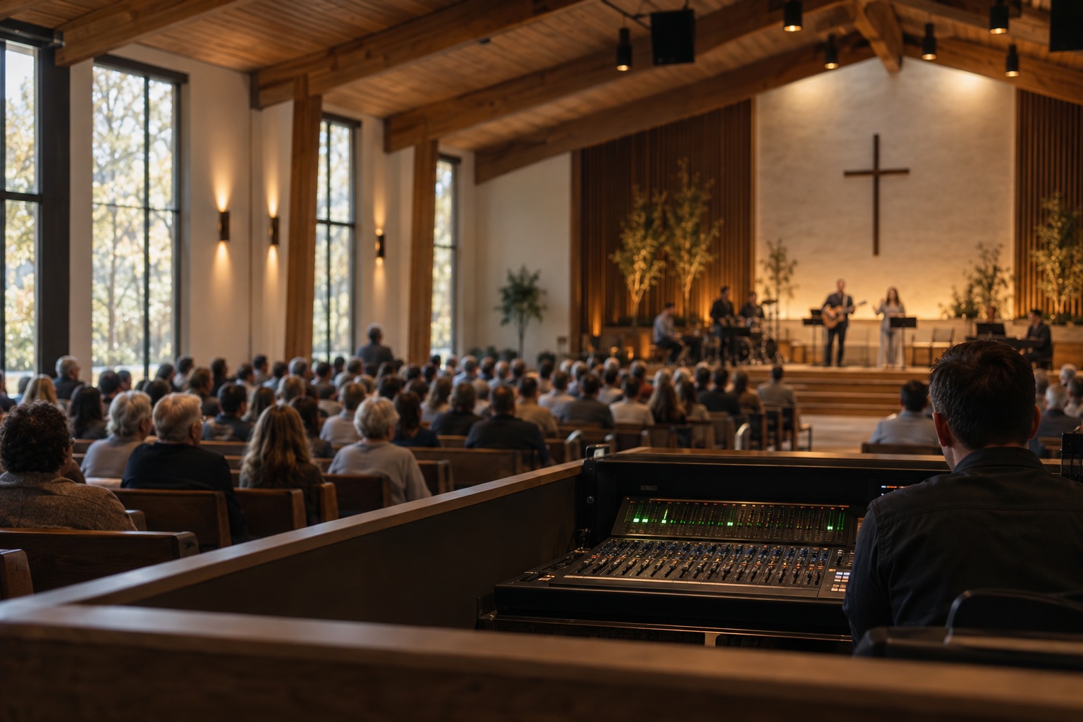 Illustrative view from a church sound booth, with a volunteer listening as the congregation gathers.